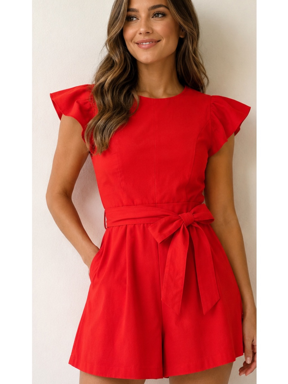 Antonio Melani Red Flutter Sleeve Belted Romper Jumpsuit Size 10